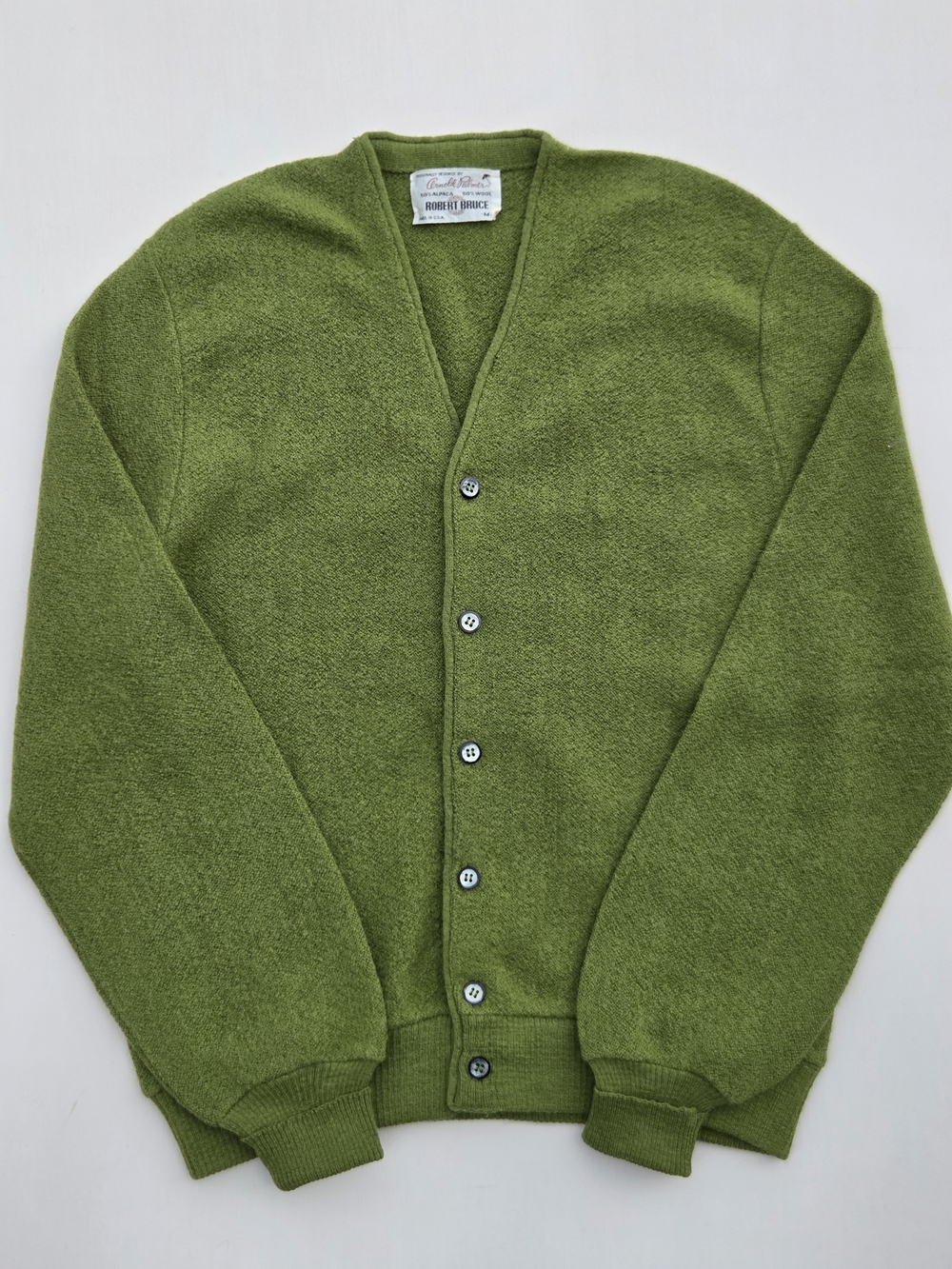 VTG Robert Bruce Arnold Palmer Cardigan Avocado Green Alpaca Wool 60s Size-Med